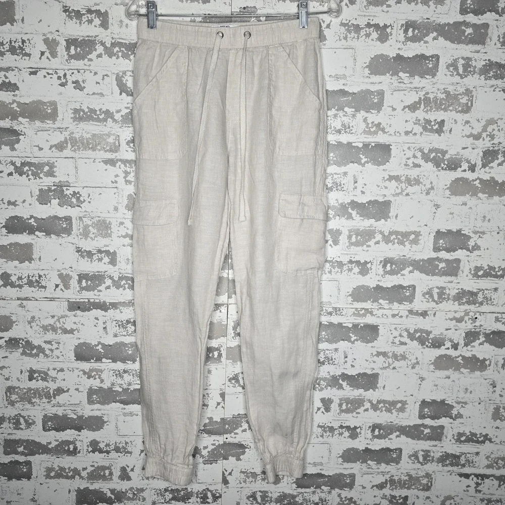 Nicole Miller New York Cargo Pants Womens Small Beige 100% European Flax‎ Linen